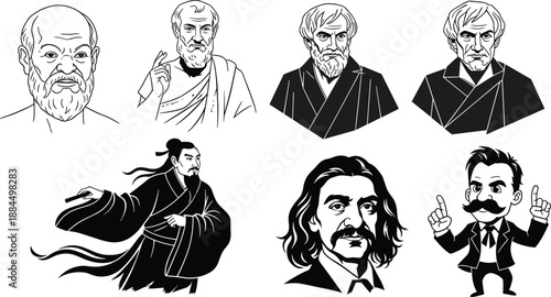 Philosopher silhouette illustration, black vector design, historical thinker pose, ancient attire, East Asian figure, cartoon philosopher, educational concept, wisdom art