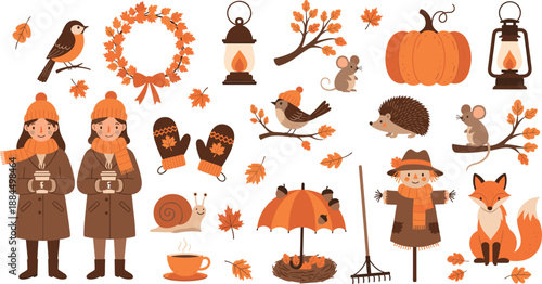 Vector illustration set featuring autumn characters with fox hedgehog scarecrow pumpkin and cozy seasonal icons for fall festival branding