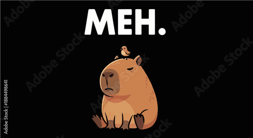 MEH - Funny Capybara with Bird on Head Indifferent Meme Graphic Illustration for T-shirt Design