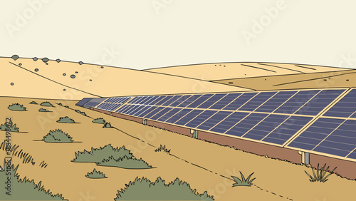 Large solar panel array in a desert landscape, clean renewable energy illustration