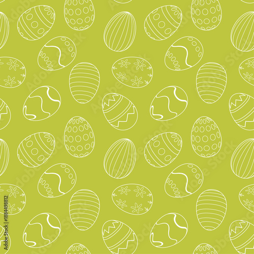 Minimal seamless pattern with Easter eggs, white outline eggs on green background. Elegant spring holiday design for packaging, textiles, wrapping paper, wallpapers and modern festive decorations.