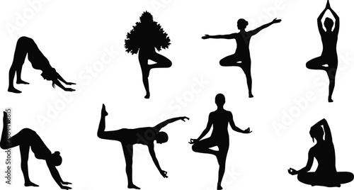 Yoga silhouette illustration, black vector design, meditation pose, tree posture, dancer balance, flexibility concept, nature connection, wellness art, fitness icon