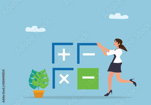 Businesswoman Interacting with Arithmetic Symbols – Conceptual Illustration of Mathematics, Education, and Problem Solving