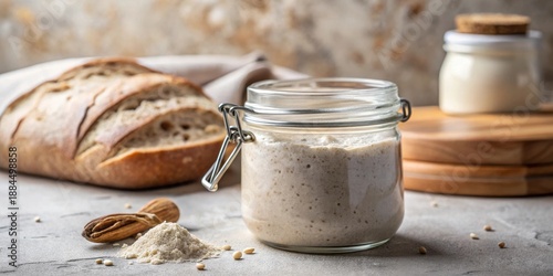 A glass jar of active sourdough starter sits on a table next to a loaf of freshly baked bread and a small pile of starter