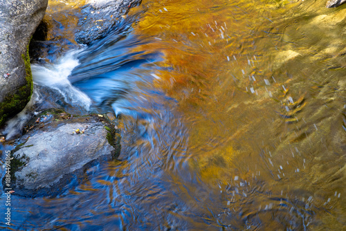Beautiful color photo of reflections of the sky and surrounding foliage on wet rocks on a stream in the Chatooga River in North Carolina