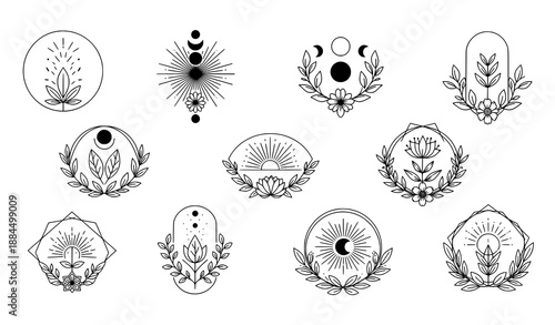 Bohemian Botanical Emblem Logos Vector Set with Abstract Floral Line Art EPS10