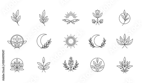 Boho Botanical Line Logo Vector Set with Minimal Bohemian Floral Symbols EPS10