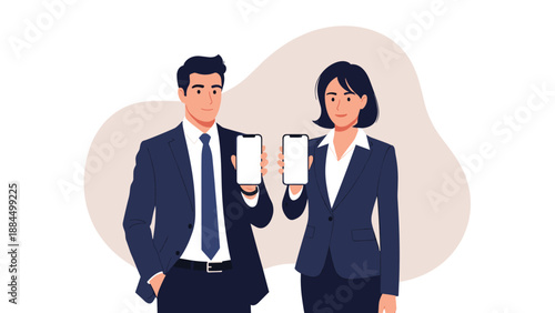 Professional businessman and businesswoman standing together while each holds up a blank white smartphone for app or website display.