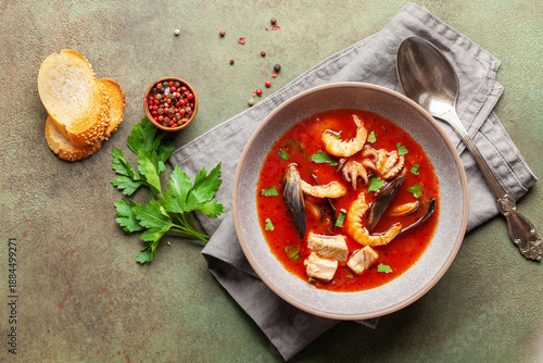 Tableau sur toile French seafood bouillabaisse soup with mussels, prawns, octopus and fish