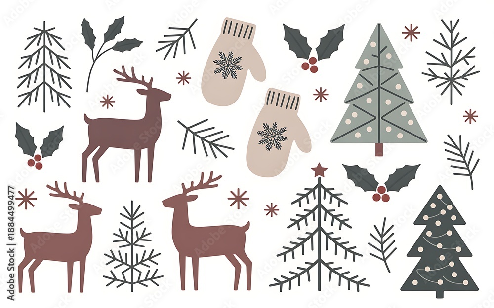 Fototapeta premium Christmas icons with reindeer and trees on white