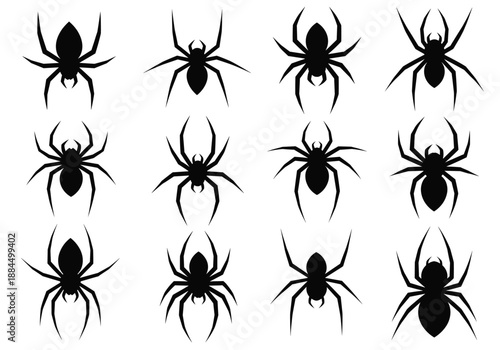 Black spider silhouettes collection, spooky Halloween vector set with multiple arachnid shapes, minimalist graphic design, scary insect illustration isolated on white background