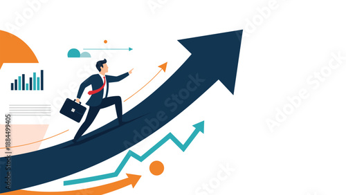 Motivated businessman carrying a briefcase and running up a large rising arrow toward career success and financial growth.