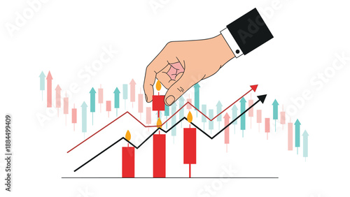Close up of a business hand placing a red candlestick on a complex financial market chart showing price trends and growth.
