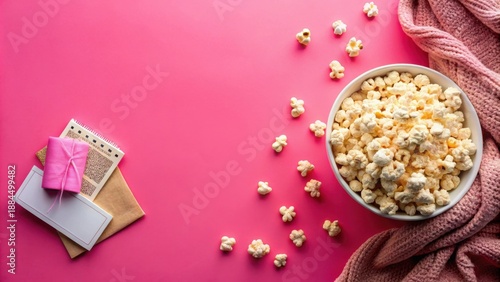 Cozy Night In  Popcorn, Gift, and a Note on a Pink Background