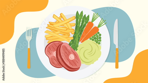 Balanced meal on a plate featuring grilled steak, french fries, asparagus, carrots, peas, and mashed potatoes with a fork and knife.