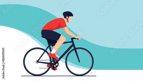 Active male cyclist in professional riding gear and helmet cycling against an abstract light blue wave background for sport themes.