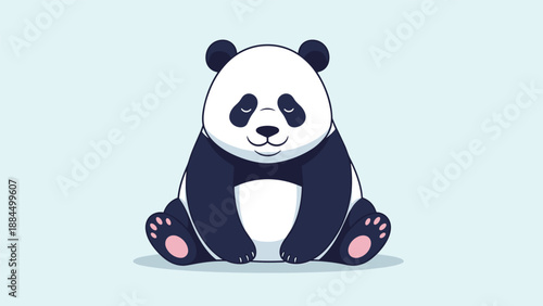 Adorable and peaceful giant panda character sitting in a relaxed pose with a slight smile on a soft blue background for kids themes.