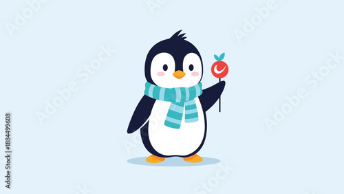 Cute little penguin wearing a blue striped scarf and holding a red heart shaped lollipop on a light blue background for winter themes.