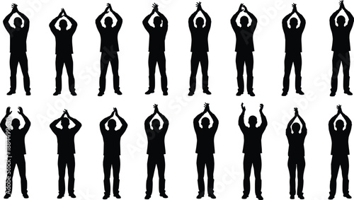 Standing man clapping hands silhouettes set, applause gesture collection, celebration body language poses, black human figures isolated on white background