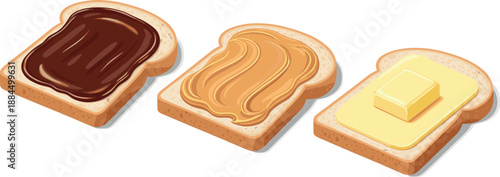 Vector illustration set featuring breakfast toasts with chocolate hazelnut spread peanut butter and melted butter for cafe menus