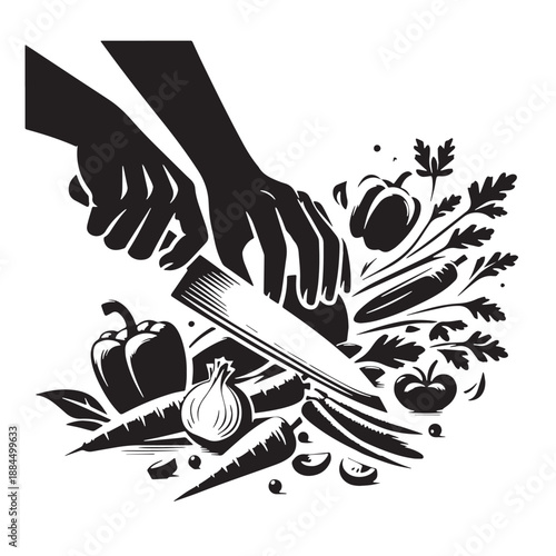 Black hands chopping vegetables Silhouette Vector, High Quality Illustration on White Background