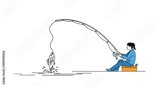 Woman sitting on a stool and successfully catching a fish with her fishing rod near a body of water in a minimal line art style.