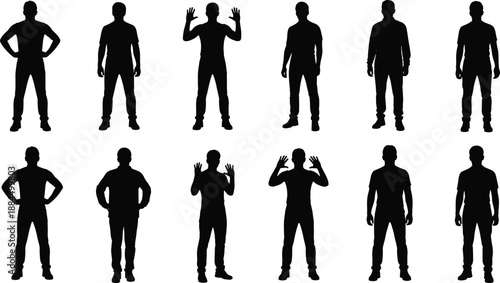 Standing man silhouettes set, male human body poses, hand gestures and posture variations, black figures isolated on white background