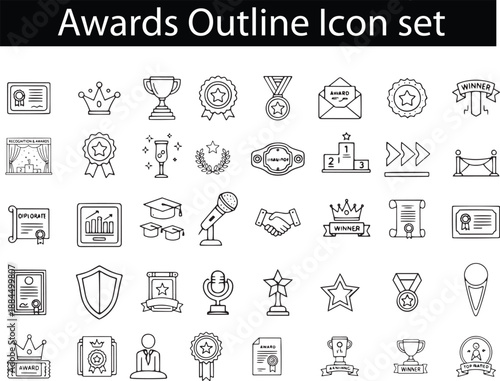 Awards outline icon set black and white line art collection
