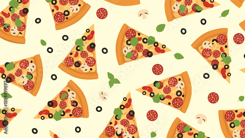 Seamless colorful pattern of delicious pizza slices with various toppings including pepperoni, olives, mushrooms, and fresh basil leaves.
