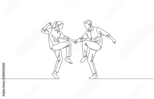 Single one line drawing married couple dancing on the dancefloor. Minimalism sketch hand drawn of man and girl dance with beautiful and romantic.