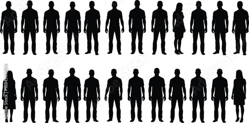 Standing people silhouettes set, men and women front view poses, human body figures collection, black minimal illustration isolated on white background