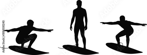 Surfing silhouettes collection showing surfer balancing on board, ocean wave sport action poses, extreme water activity illustration isolated on white background