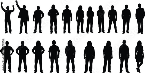 Standing people silhouettes set, men and women body poses, casual postures, crowd characters, minimalist black human figures illustration