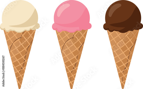 Vector illustration set featuring classic ice cream cones in vanilla strawberry and chocolate flavors on textured waffle cones