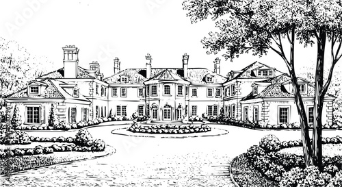 Elegant mansion estate entrance with driveway and mature trees sketch