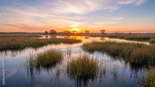 Serene Wetland Sunset with Golden Sky Reflections