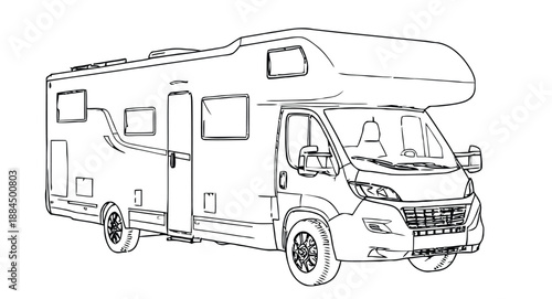 Line drawing of a motorhome with large windows and a cab-over design, showcasing its wheels and streamlined body, conveying a sense of adventure.