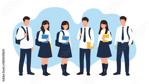 Group of diverse male and female students wearing white shirts and dark uniforms standing together with books and backpacks.