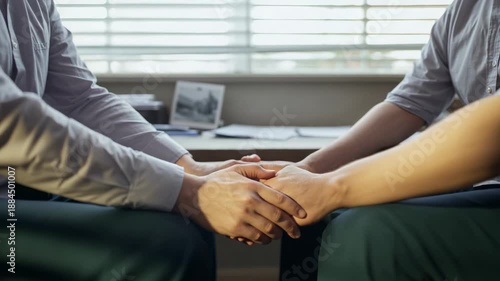 Placing hands left man starting holding for support with man in shirts in office by armrest
