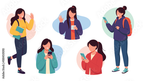 Set of five young women using mobile phones for social media, chatting, and waving during daily life activities and leisure.