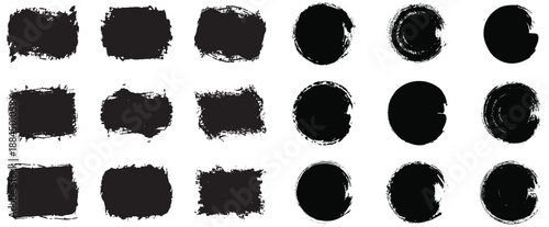 Set of vector paint brush stroke, ink splash and grungy decoration elements. Black watercolor splatter, texture, frame.