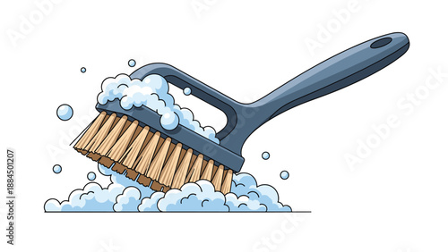 Blue plastic cleaning brush with stiff bristles covered in thick white soap bubbles and foam on white background.