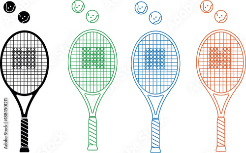 Vector illustration set featuring colorful line art tennis rackets and balls in black green blue and orange for sports branding