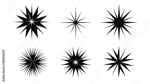 Set of six various black starburst and sparkle shapes with different point counts and sharp lines for graphic design.