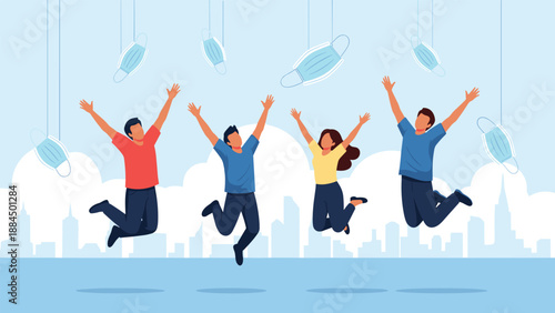Group of happy people jumping in the air and throwing away their medical face masks celebrating the end of pandemic.