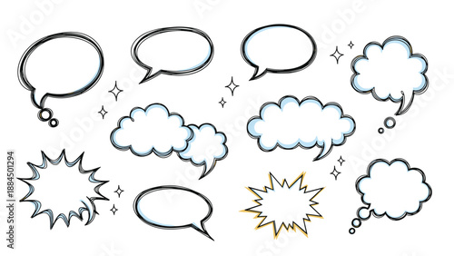 Collection of various hand drawn style speech bubbles, comic clouds, and thought balloons with decorative star elements.