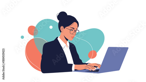 Professional young businesswoman with glasses working focused on her laptop computer against an abstract colorful background.