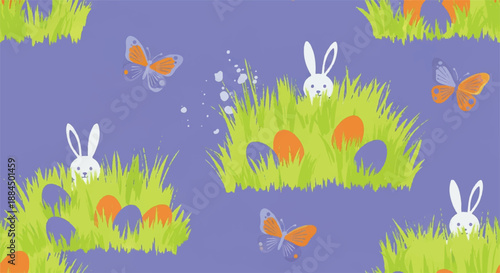 Easter Bunny in Grass Seamless Pattern with Hidden Eggs and Butterflies on Purple Background