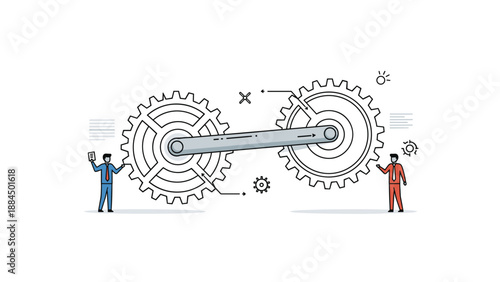 Two professional men working together to operate and maintain two large interconnected mechanical gears representing teamwork.
