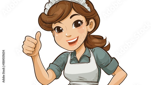 Professional Cartoon Cute Maid Showing Thumbs Up with Outline, Isolated on White Background